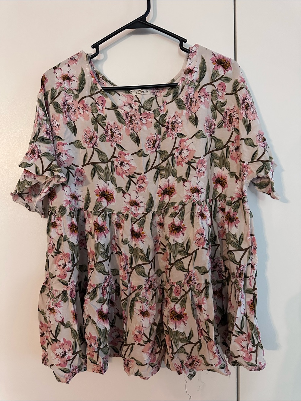 Women's Pink Floral Tiered Short-Sleeve Tunic Top
